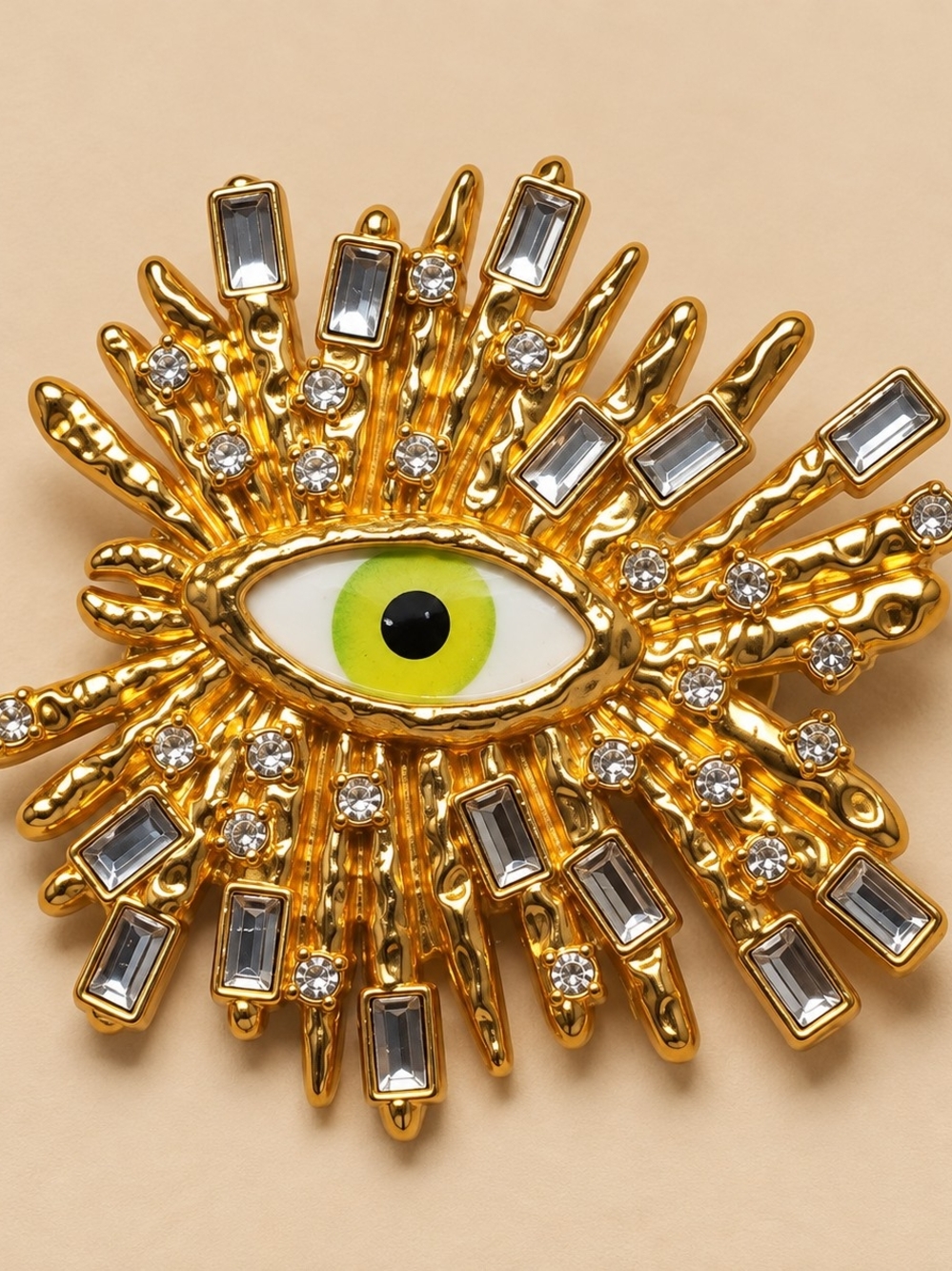 Gold Eye Burst Statement Brooch with Green Center